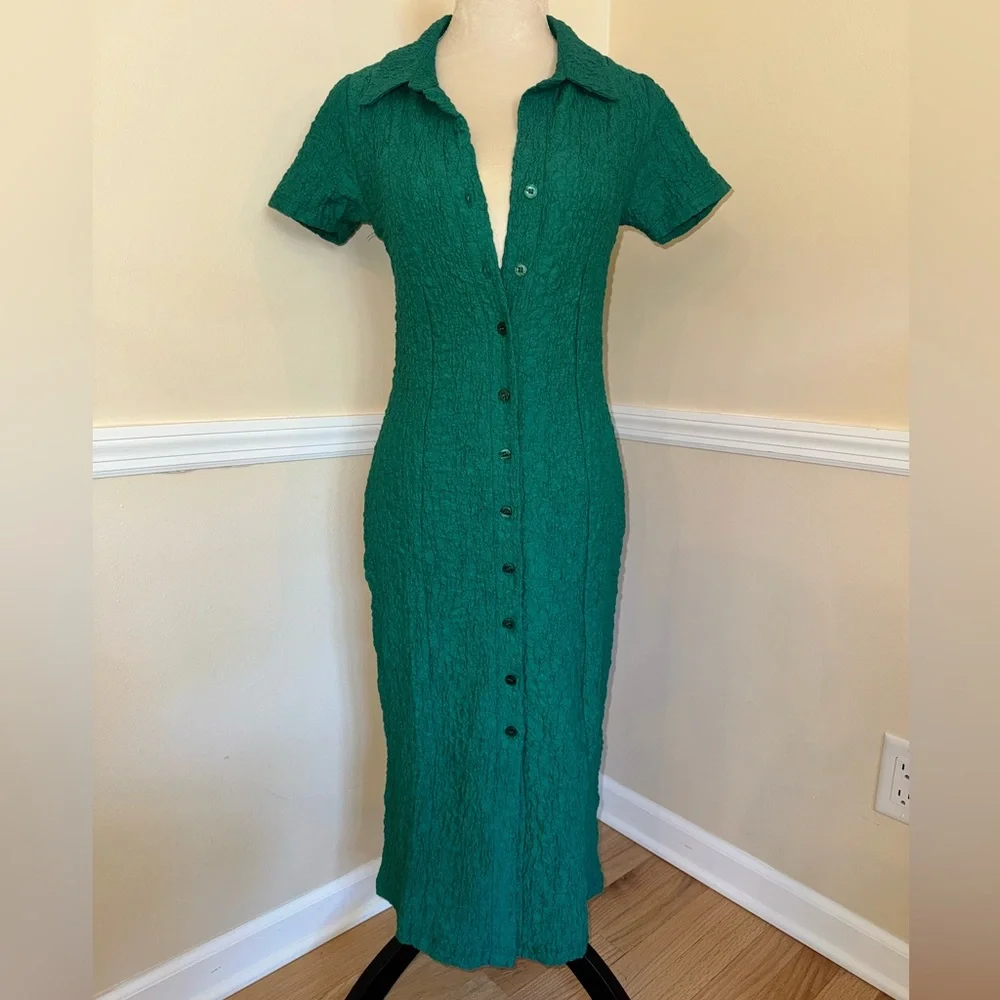 NWOT By Anthropologie Green Textured Short-Sleeve Collared Button Midi Dress XS - Picture 3 of 5